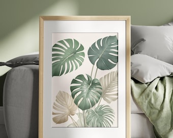 Monstera Leaf Wall Art – Tropical Botanical Print, Minimalist Green Plant Digital Download, Jungle Nature Home Decor