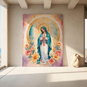 Unsere Dame von Guadalupe Wand Kunst - Katholische Digitaldruck, Jungfrau Maria Blumen Aquarell, Mexikanische Religiöse Wohnkultur, Sofort Download
