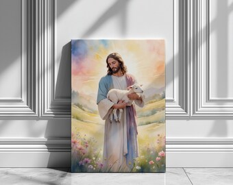 Jesus Holding a Lamb Wall Art – Peaceful Christian Printable, Religious Blessing Digital Download, Pastoral Scene