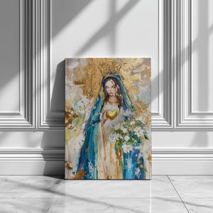 Crowned Virgin Mary with Golden Heart and White Roses – Queen of Heaven Catholic Wall Art | Digital Print