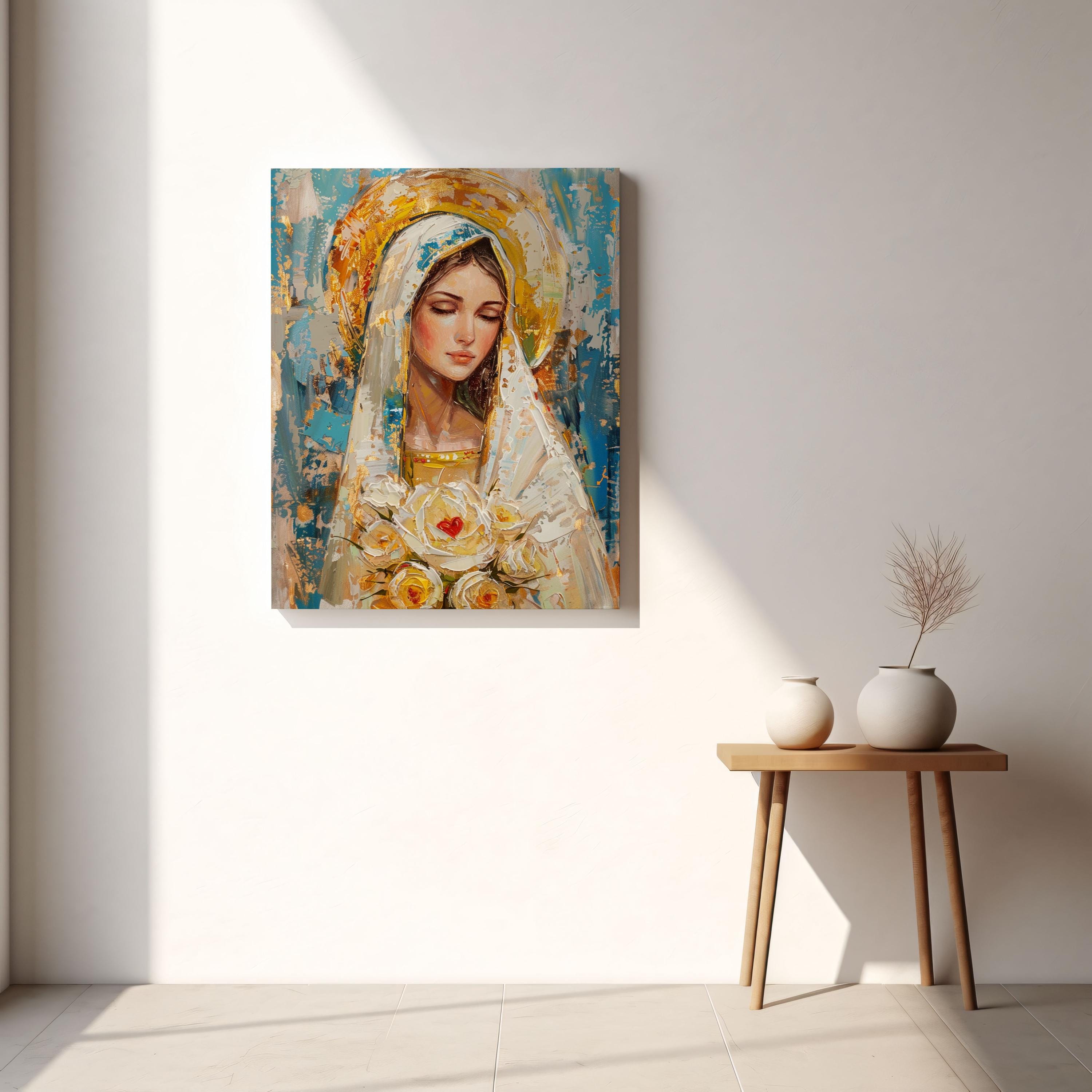 Virgin Mary With Roses Wall Art – Catholic Oil Style Digital Painting ...