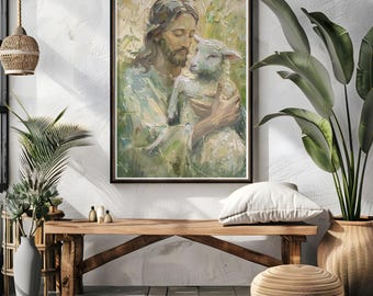 Arte de parede de Jesus segurando um cordeiro - Estilo de pintura a óleo cristã - Decoração religiosa para casa, download digital para impressão, obra de arte pastoral espiritual