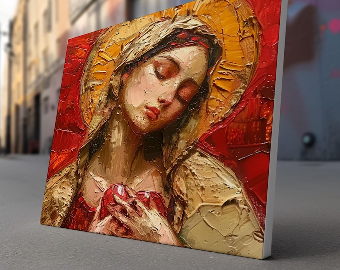 Virgin Mary Sacred Heart Wall Art – Catholic Oil Painting Style Digital ...