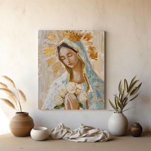 Queen of Heaven Virgin Mary Wall Art – Crowned Blessed Mother Digital Download, Catholic Impasto Oil Style Painting, Religious Decor Print