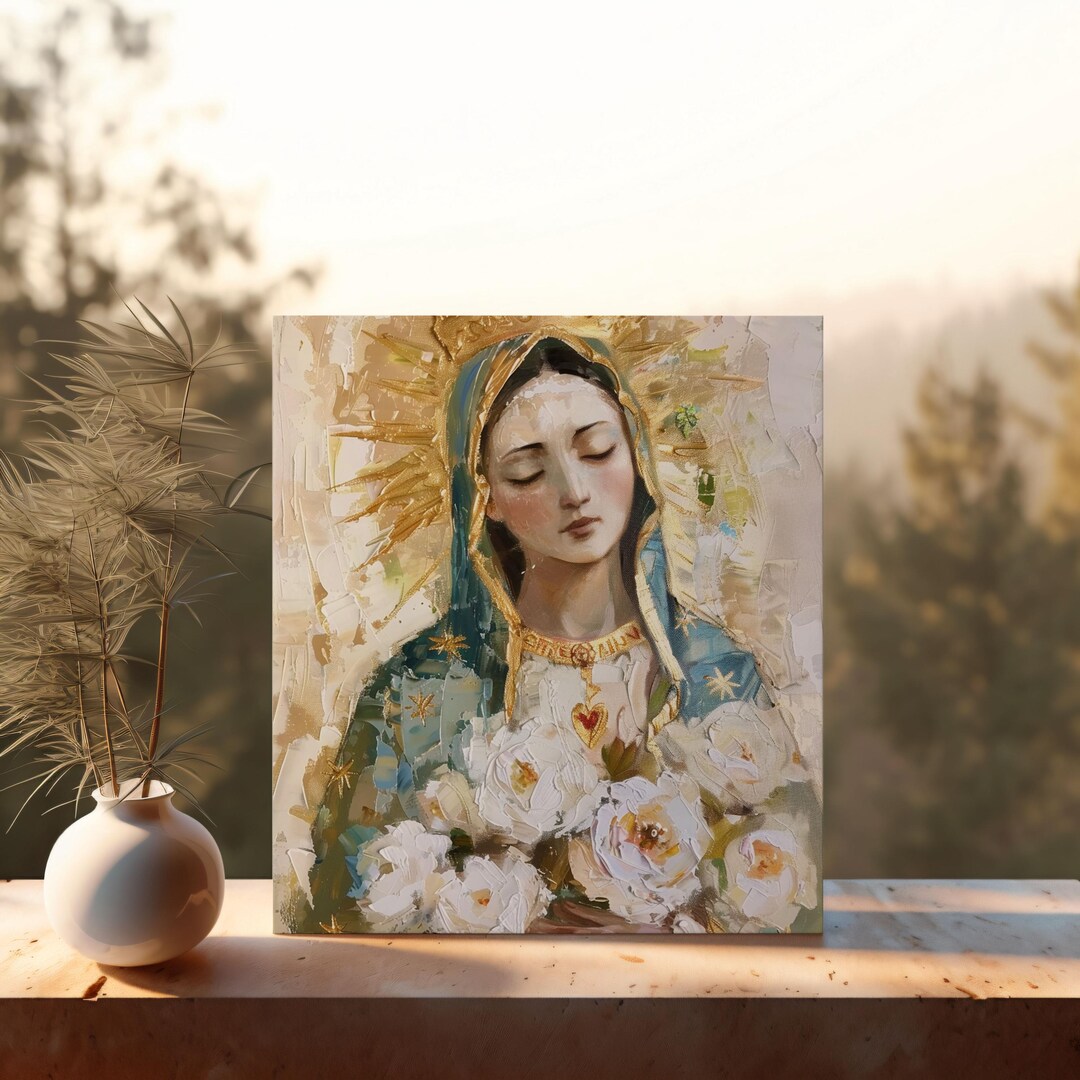 Sacred Heart Virgin Mary Wall Art – Crowned Blessed Mother With White ...