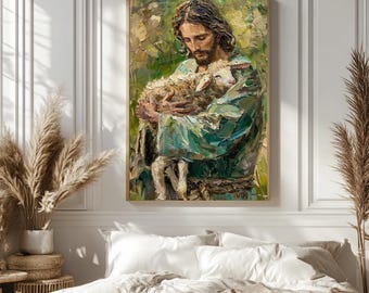 Cuadro de Jesús con el cordero – Impresión de pintura al óleo religiosa cristiana, Obra de arte del Buen Pastor, Decoración católica para el hogar