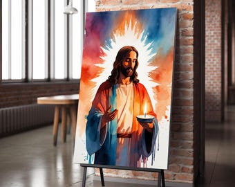 Art mural de Jésus tenant une bougie - aquarelle imprimable art chrétien, religieux spirituel en téléchargement numérique, décoration d'intérieur catholique