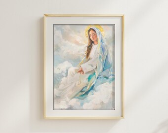 Schlafende Jungfrau Maria im Himmel – Sanftes christliches Ölgemälde | Katholische digitale Wandkunst Download