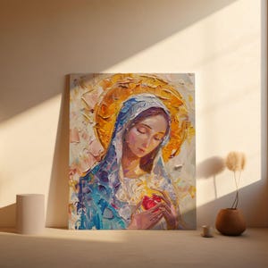 Immaculate Heart of Mary Wall Art – Catholic Impasto Oil Painting Style Digital Download, Virgin Mary Textured Religious Decor