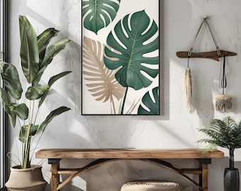 May include: A framed print with a white background and a design of green and beige tropical leaves. The print is hanging on a white wall above a wooden bench.