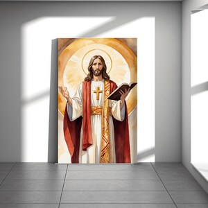 Jesus mit Bibel Wandkunst - Christlicher digitaler Download, Schrift inspiriertes Aquarell, katholisches religiöses druckbares Dekor