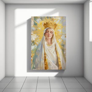 Golden Crowned Virgin Mary – Queen of Heaven Catholic Wall Art | Divine Feminine Digital Print