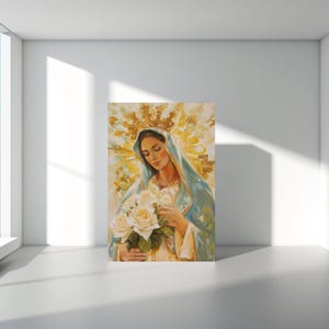 Crowned Virgin Mary Wall Art – Catholic Queen of Heaven Digital Painting, Blessed Mother with White Roses, Religious Printable Decor