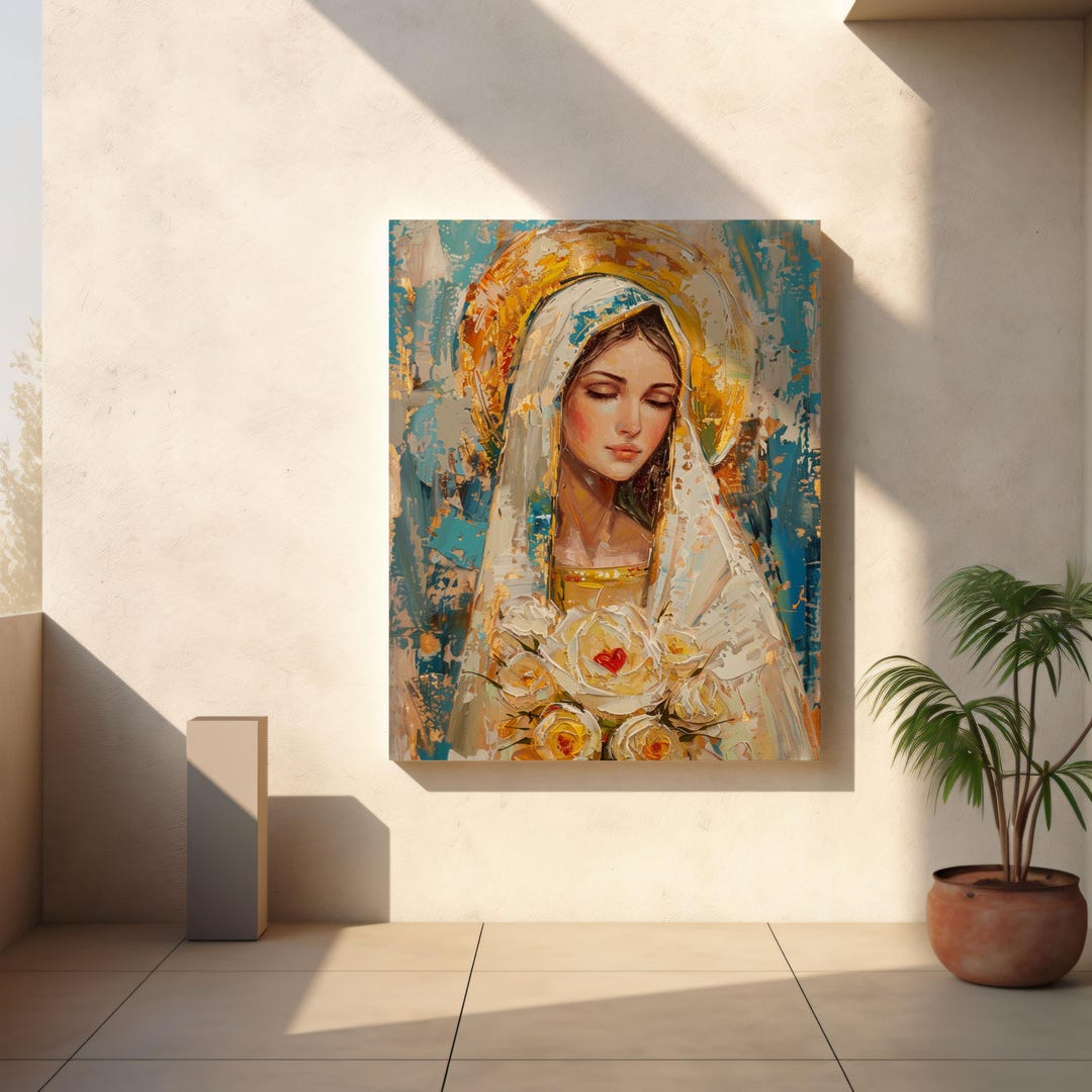 Virgin Mary With Roses Wall Art – Catholic Oil Style Digital Painting ...