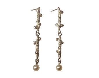 Long earrings made of silver twig natural cast with freshwater cultured pearls 68 mm long, earrings romantic bridal jewelry, elegant earrings