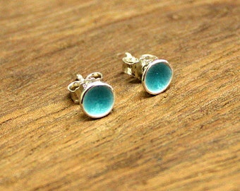 Silver Stud Earrings /  transparent turquoise enameled / Round Sterling Silver Ear Studs / Turquoise Enamel / Fire enamel