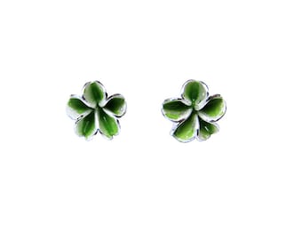 Silver Flower Earrings, Green Enameled  Sterling Silver Flowers, Stud Earrings, Fine Jewelry