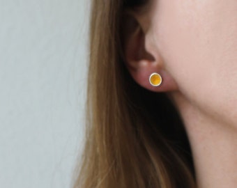 Silver Stud Earrings / Golden yellow transparent enameled / Round Sterling Silver Ear Studs / Golden yellow transparent Enamel / Fire enamel