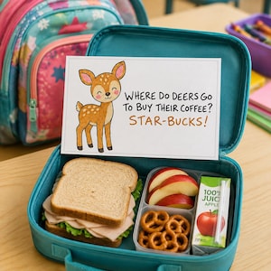 May include: A teal lunch box containing a sandwich with turkey and lettuce, a plastic container with apple slices and pretzels, and a juice box. A white card features a cartoon deer and the text: Where do deers go to buy their coffee? Star-bucks!