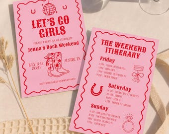 Let's Go Girls Bachelorette Party Invitation Itinerary Western Last Rodeo Bachelorette Hand Drawn Nashville Bachelorette Invite