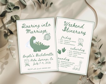 Dinosaur Bachelorette Invitation & Itinerary | Roaring into Marriage | Getting Roarried | Dino Themed Bach | Dino Bachelorette | Dino Weddin