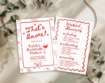 Whimsical Italian Bachelorette Invite and Itinerary, That's Amore Party, Editable Canva Templates, Red Italy Themed Bachelorette