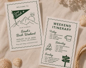 Camp Bachelorette Invitation and Itinerary Template | Glamping Party | Camp Bach | Last Trail Before the Veil | Editable Canva