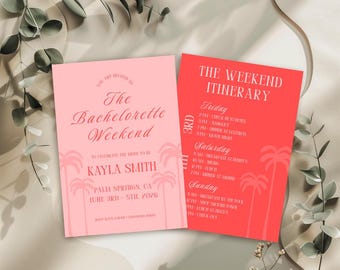 Pink & Orange Bachelorette Party Invitation Template | Modern Bachelorette Itinerary | Bachelorette Invite | Palm Springs Bach