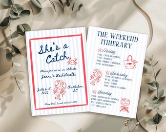 Lobster Bachelorette Itinerary, Last Toast on the Coast, She's a Catch Bachelorette Party Invite, Fishermancore Bach Party, Coastal Bach