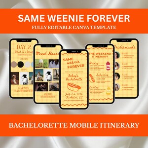 May include: A set of five smartphone screens displaying a fully editable bachelorette party itinerary template. The design features a yellow gingham background with orange text, including a hot dog graphic and event details for Kelsey's bachelorette.