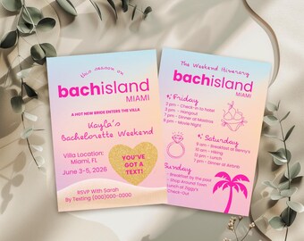 Bachelorette Island Invitation & Itinerary, Tropical Party Template, BachIsland, Loveisland Themed Bachelorette, Editable Canva Template
