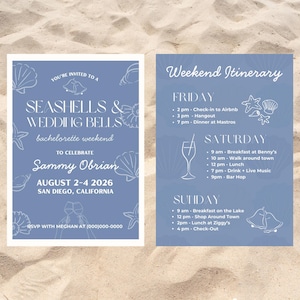 Editable Seashells & Wedding Bells Bachelorette Party Invite and Itinerary | Canva Template