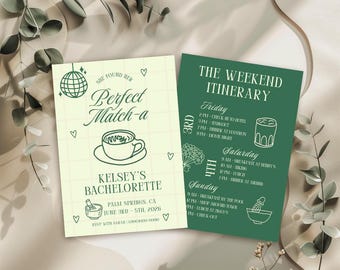 She Found Her Perfect Matcha Invitation | Matcha Bachelorette Invitation and Itinerary | Matcha Themed Bridal Shower Invite | Canva Template