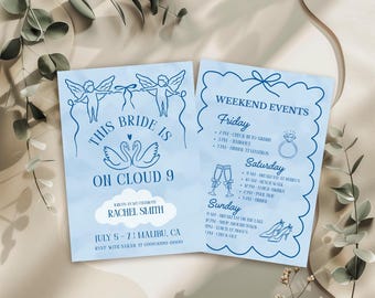 On Cloud Nine Bachelorette Itinerary and Invite | Cloud 9 Themed Bachelorette Party | Hen Do | Editable Canva Template | Dreaming of I Do