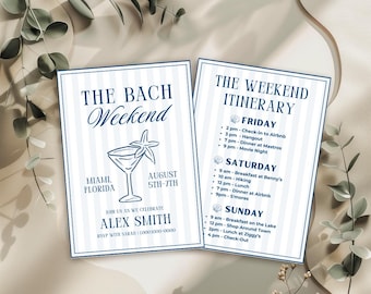 Navy Striped The Bach Weekend Invitation and Itinerary, Bach invite, Bachelorette Weekend, Girls Travel Itinerary, Coastal Bach Bachelorette
