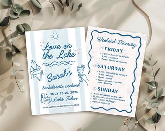 Editable Love on the Lake Bachelorette Invitation and Itinerary | Lake Weekend Canva Template, Camp Bach, Blue Themed Bach, Instant Download