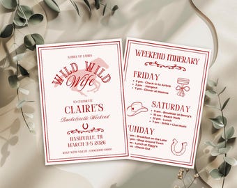 Wild Wild Wife Bachelorette Invitation Template, Western Cowgirl Bach Party Weekend Itinerary, Editable Canva Template