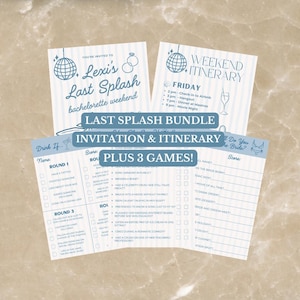 Inbjudan till svensexa till Last Splash, resplan, paket med svensexor, kusttema-bach, Canva-mall, Charleston-bach