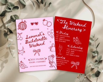Editable Red and Pink Bachelorette Weekend Itinerary | Hen Do Itinerary Hand Drawn Girls Trip Itinerary Template