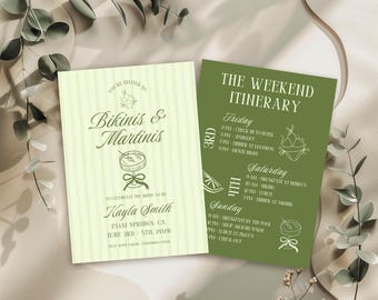 Bikinis and Martinis Bachelorette Invitation, Martini Bachelorette, Girls Trip Weekend, Bachelorette Itinerary, Tequila, Margs and Matrimony
