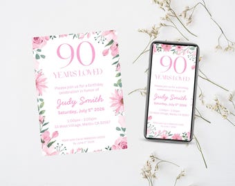 Floral 90th Birthday Invitation: Elegant Pink Wildflower Design (Canva Template, Digital Download)