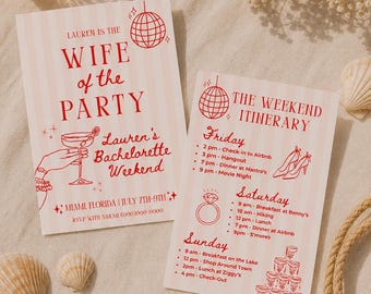 Wife of The Party Bachelorette Invitation and Itinerary, Red and White Stripped Bach Party Invite, Coquette Hen Party Invite