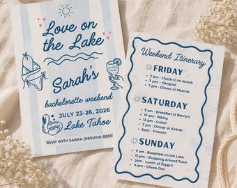 Editable Love on the Lake Bachelorette Invitation and Itinerary | Lake Weekend Canva Template, Camp Bach, Blue Themed Bach, Instant Download