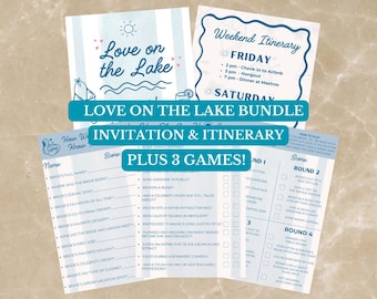 Editable Love on the Lake Bachelorette Party Invitation, Itinerary | Bachelorette Games Bundle | Canva Template