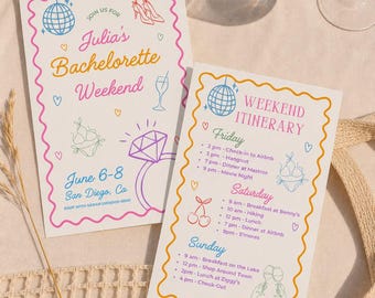 Colorful Bachelorette Weekend Itinerary, Hand Drawn Bachelorette Party Invite, Coquette Hens Do Party Invitation, Editable Canva template