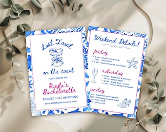 Last Toast on the Coast Bachelorette Invite and itinerary | Delft Blue Bachelorette Invite | Coastal Beach Theme | Editable Canva Template