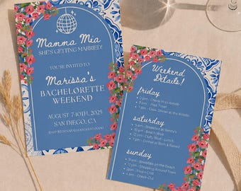 Mamma Mia Bachelorette Invitation, Mia Dancing Queen Template, Mediterranean Greek Party, Disco Ball, Pink Bougainvillea, Greece Invite
