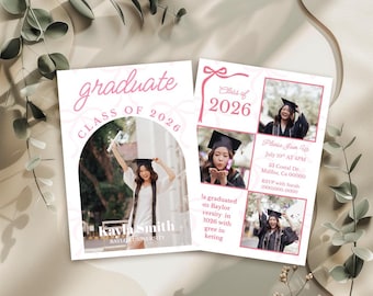 Bow Graduation Announcement Template | Class of 2026 Senior Girl Photo Card | Editable Arched Frame Bow Grad Invite | Canva Template