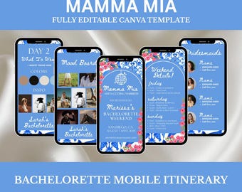 Mamma Mia Bachelorette, Digital Itinerary Canva Template: Disco, Sea Theme, Mediterranean, Editable Instant Download