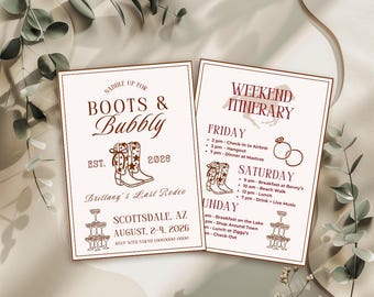 Boots and Bubbly Bachelorette Invitation & Itinerary, Western Cowgirl, Scottsdale Bach Party, Nashville Bach, Last Rodeo, Canva Template